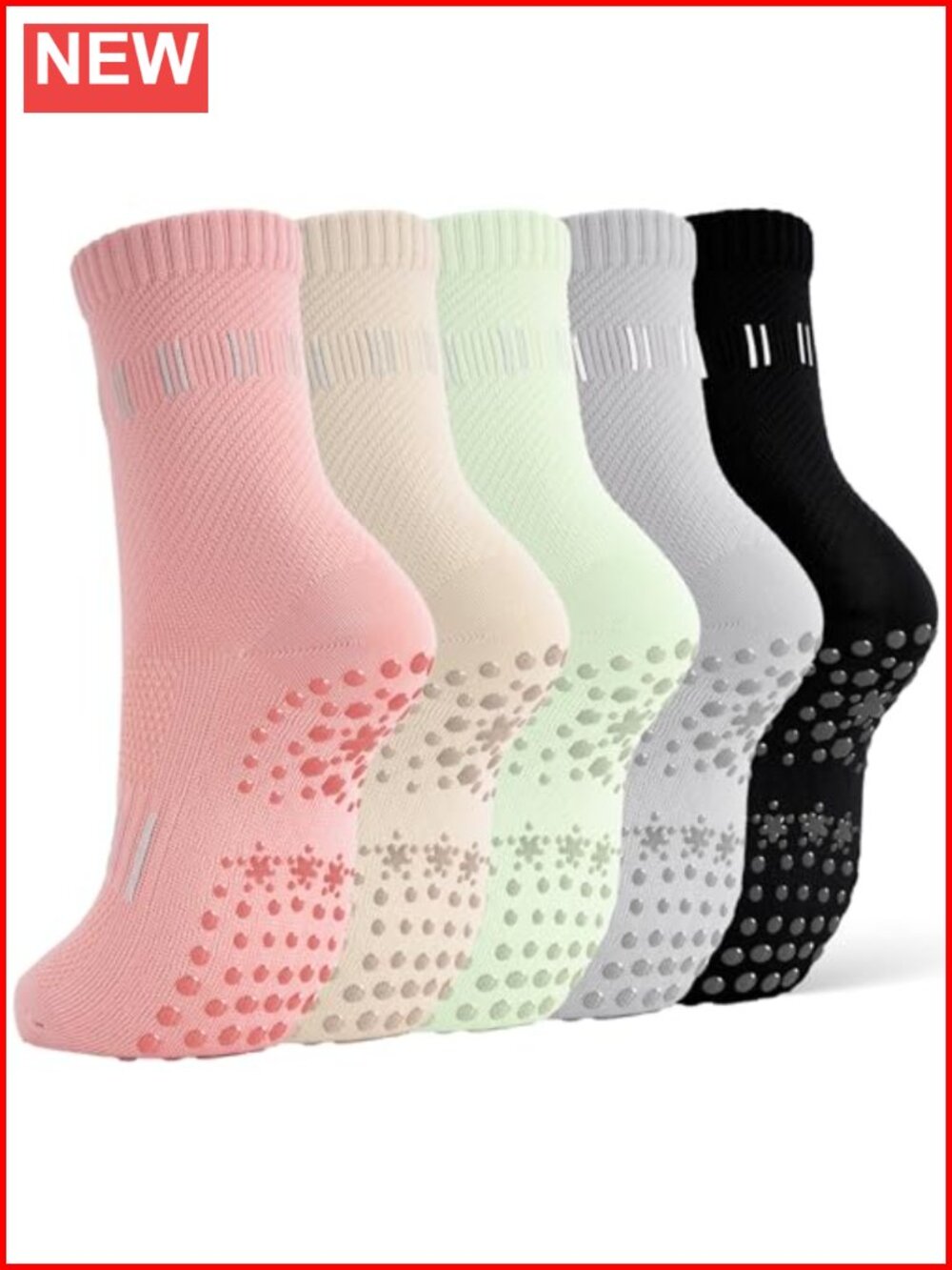 Pilates Socks with Grips Yoga Barre Crew Non Slip 5 Pairs